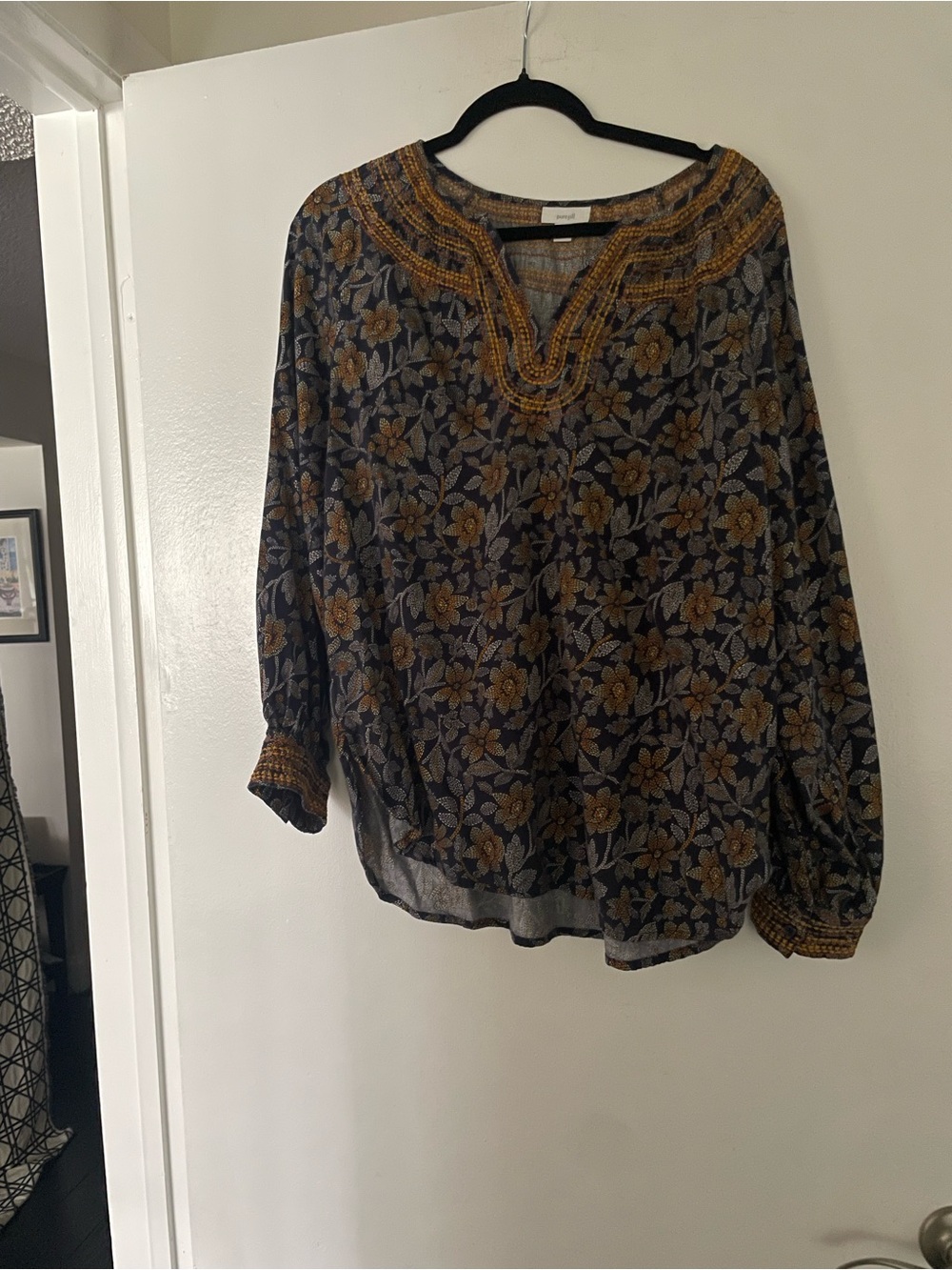 J Jill boho Embroidered Floral Tunic Blouse - navy and tobacco color. Size M.